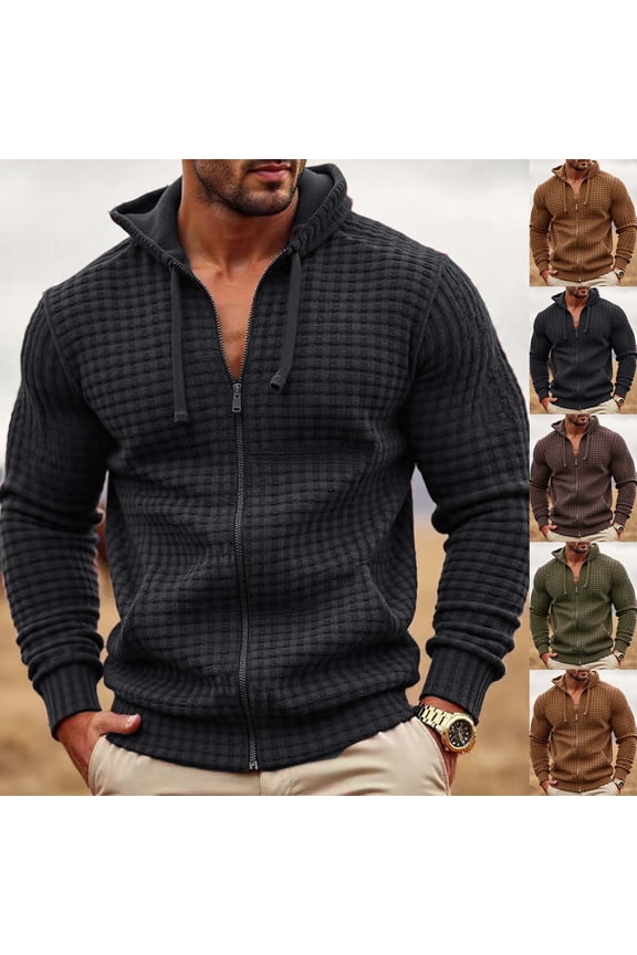Mens Waffle Hoodie Sweatshirt Full Zip Casual Lightweight Loose Fit Hooded Jacket Drawstring Muscle Workout Sweatshirt Brown XL
