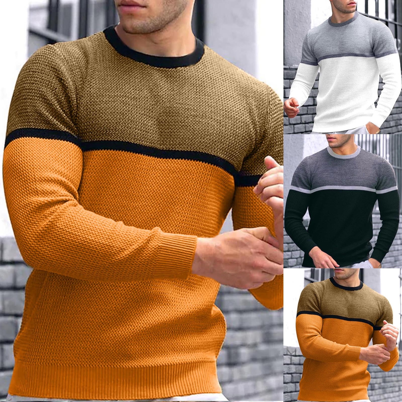 UVEASISHA Mens Waffle Long Sleeve Shirt Colorblock Print Crewneck