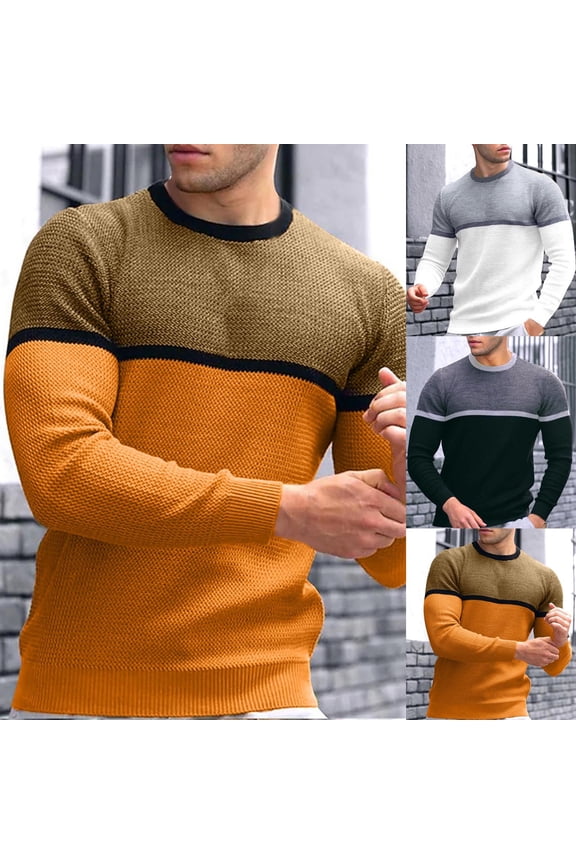 Mens Waffle Long Sleeve Shirt Colorblock Print Crewneck T-Shirts Big and Tall Casual Slim Fit Pullover Tops Fall Winter Knit Tee Shirt On Sale Today
