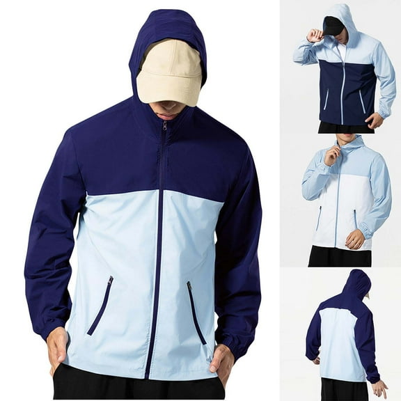 UVEASISHA Mens Windbreaker Jackets Color Block Fashion Lightweight Rain Jacket with Hood Golf Running Rain Coats with Zip Pockets White M
