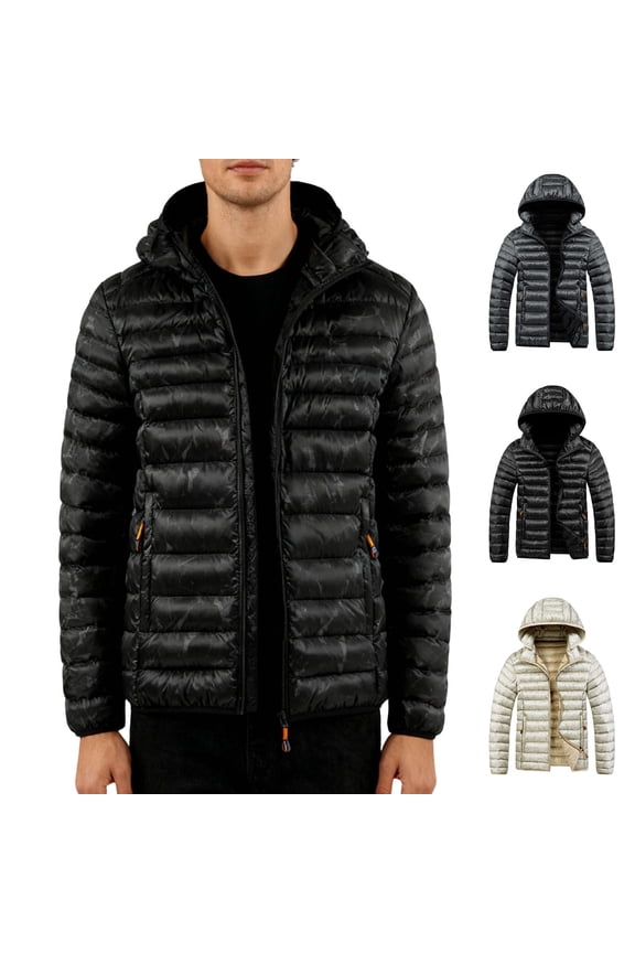 Mens Winter Coats Packable Down Jacket Detachable Hooded Lightweight Puffer Jackets Full Zip Casual Warm Quilted Coat Outerwear with Pockets Gray L