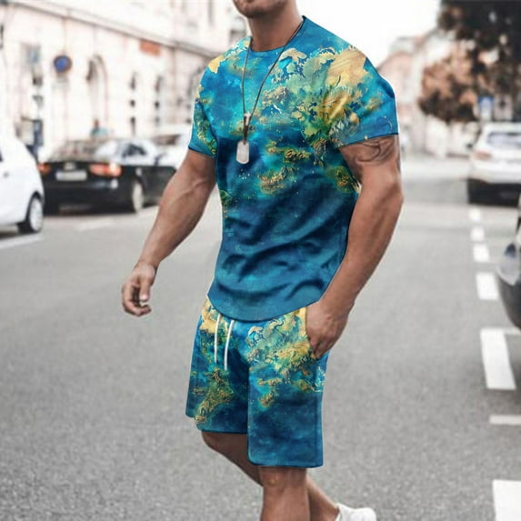 UVEASISHA Mens Workout Sets Athletic,Sweatsuit for Men Big and Tall Casual Short Sport Suit World Map Print Crewneck Tracksuit 2 Piece Set Summer Workout Atrhletic Outfits Prime Sales Today
