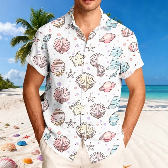 UVEASISHA Mens Wrinkle Free Hawaiian Shirts Lightweight Breathable Short Sleeve Button Down Shirt Summer Fashion Shell Starfish Printed Graphic Shirt Beach Vacation Outfit Beige L
