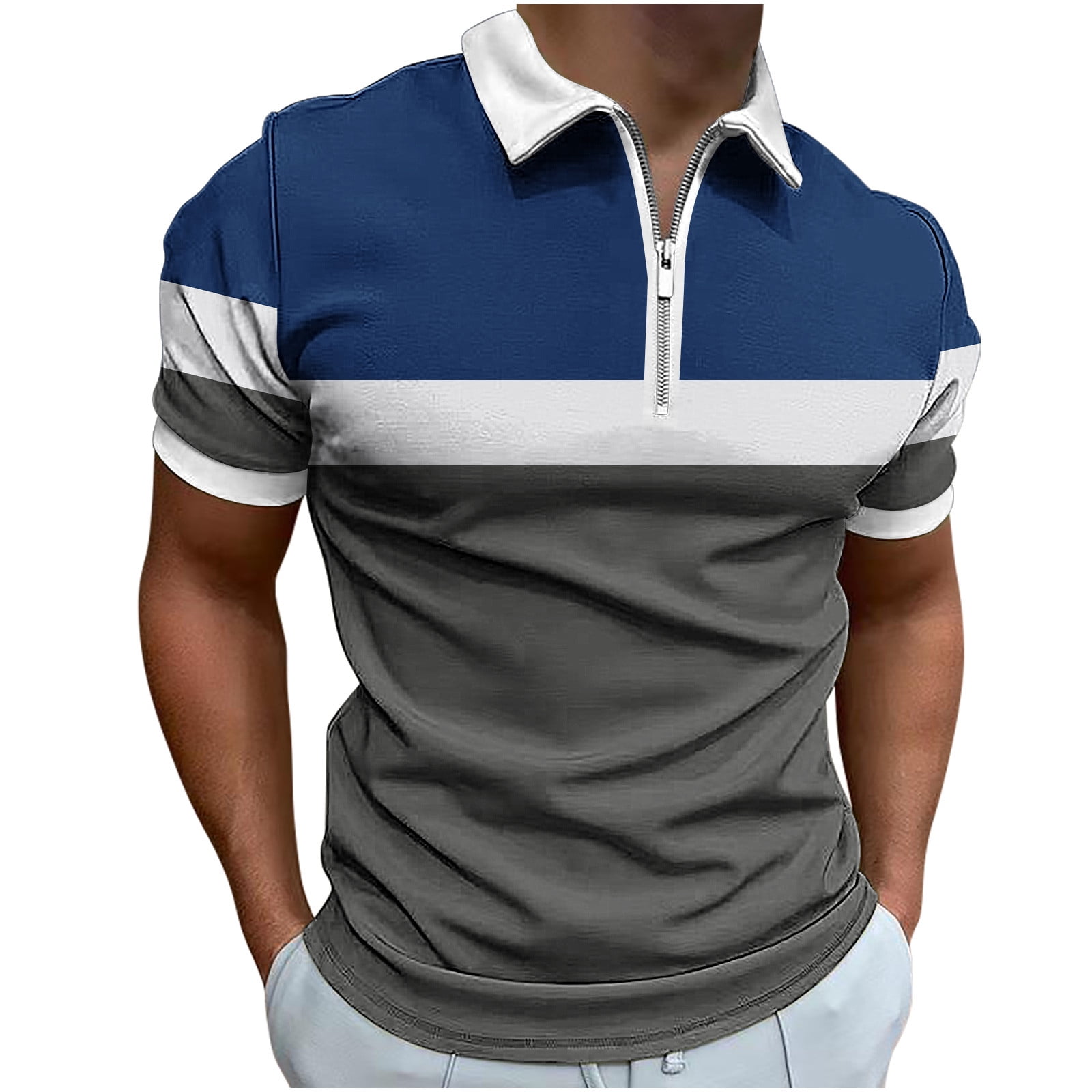 UVEASISHA Mens Zip Polo Shirts Short Sleeve Men s Color Block Print Zipper Polo Shirt 2024 Lapel Collar Casual Slim Fit Tshirts Half Zip Golf Shirts Navy S Walmart