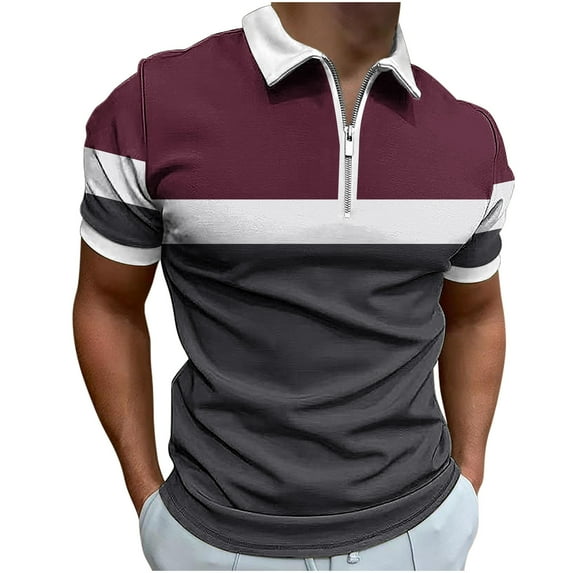 UVEASISHA Mens Zip Polos Shirts Short Sleeve,Men's Color Block Print Zipper Polos Shirt 2025 Lapel Collar Casual Slim Fit Tshirts Half Zip Golf Shirts,Wine S