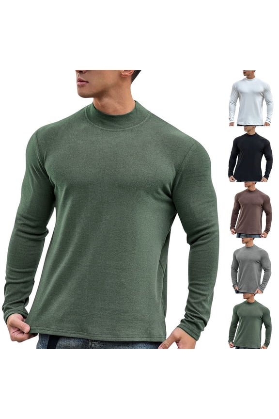 Mock Neck T-Shirts for Men Long Sleeve Thermal Undershirts Winte Casual Turtleneck Pullovers Solid Color Regular Fit Basic Tees Army Green XL