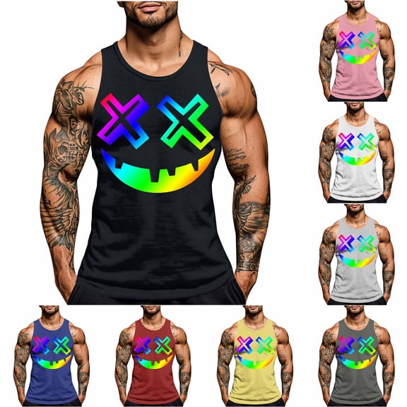 UVEASISHA Muscle Tank Tops Men Funny X Smiley Face Printed Sleeveless T-Shirts Summer Casual Gym Workout Shirt Cool Streetwear Fitness Tanks Pink 4XL