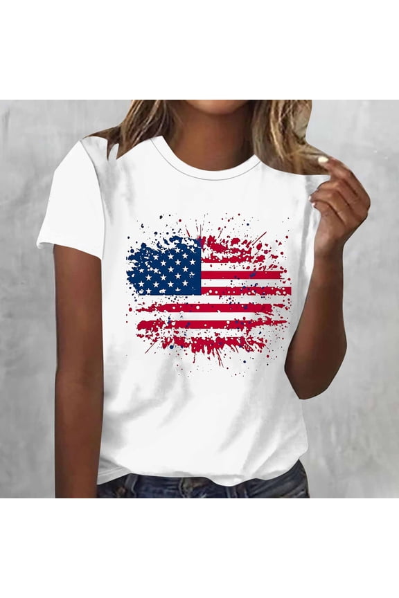 Novelty Graphic T Shirt for Women American Star Printed Short Sleeve Summer T Shirts Independence Day 4th of July Tee Tops White XL