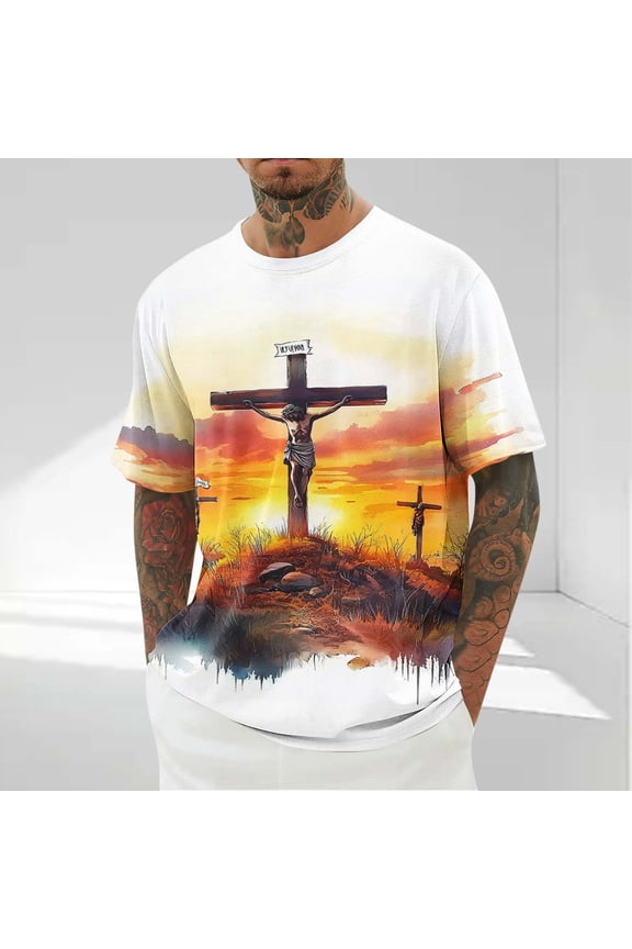 Novelty Graphic Tees Men Easter Day Cross Print T-Shirts Big and Tall Casual Short Sleeve Tshirt Summer Crew Neck Workout Gym Tops Brown 4XL