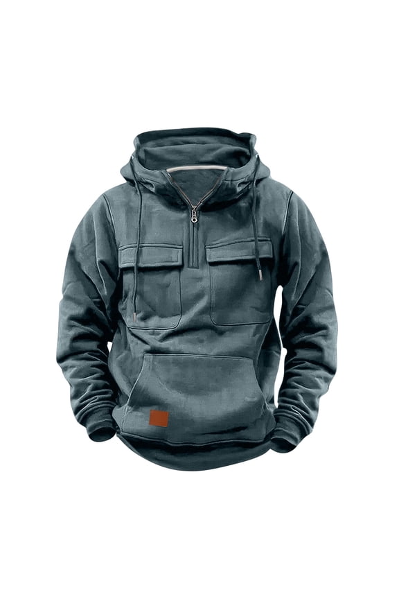 Outdoor Hoodies for Men Fashion Quarter Zip Multi Pockets Tactical Hooded Sweatshirt Lightweight Long Sleeve Pullovers Back to School Sales Today,Light Blue,S