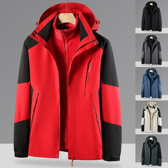 UVEASISHA Outdoor Jackets Mens Waterproof Ski Coats 3 in 1 Winter Softshell Jacket Windbreaker Snow Coat Big and Tall Rain Jackets with Zipper Pockets Red L