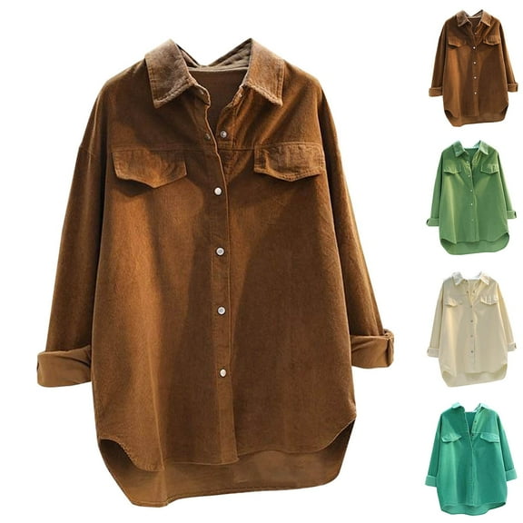 UVEASISHA Oversized Jacket for Women Long Sleeve Lapel Button Down Shacket Jacket Vintage Outwear with Pockets Coffee L