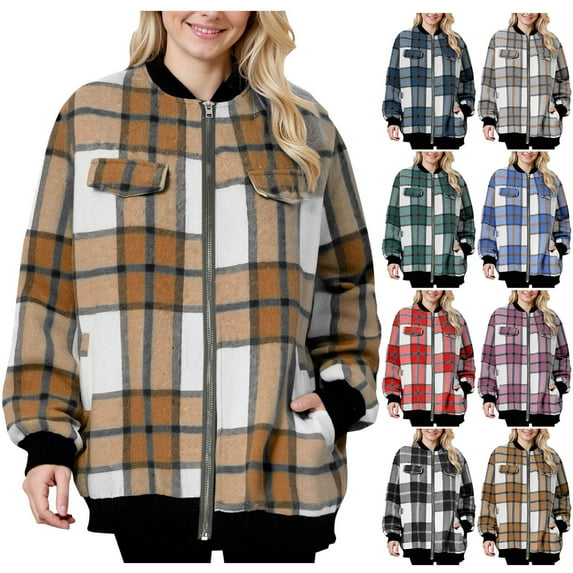 UVEASISHA Oversized Plaid Jackets for Women Boyfriend Zip Up Bomber Jacket Fall Trendy Long Sleeve Collarless Shackets Outerwear with Pockets Christmas Gifts Gray XL