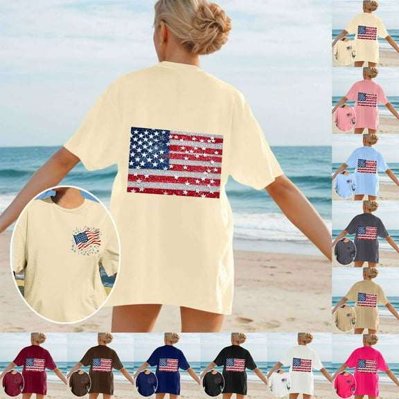 UVEASISHA Oversized Tshirts for Women Short Sleeve USA Flag Print T-Shirt Independence Day Patriotic Tops Beige XL
