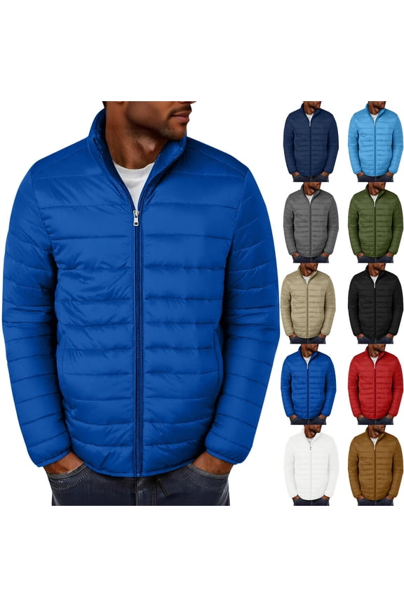 Packable Puffer Jackets for Men Winter Lightweight Quilted Jacket Slim Fit Stand Collar Padded Coats Full Zip Windproof Insulated Outerwear with Pockets White S