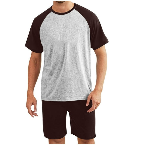 UVEASISHA Pajamas Set for Men 2PC Short Sleeve Color Block Tee Tops and Shorts 2 Piece Big and Tall Loungewear with Pocket Brown XXXL