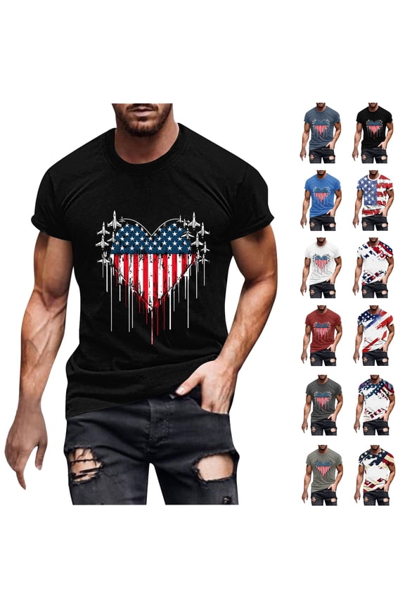 Patriotic Shirts for Men Fourth of July Short Sleeve Crewneck Tees USA 250th Anniversary Shirt Mens T-Shirts American Flag Graphic Tee Sky Blue L