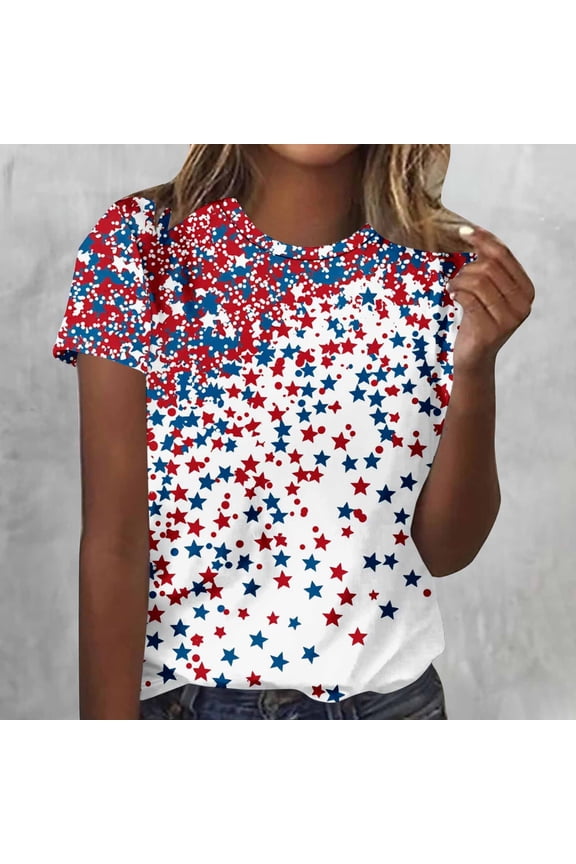 Patriotic Shirts for Women USA Flag Graphic Short Sleeve Round Neck T-Shirt 4th of July Fashion Holiday Party Tee Tops Plus Size Summer Tees Red L