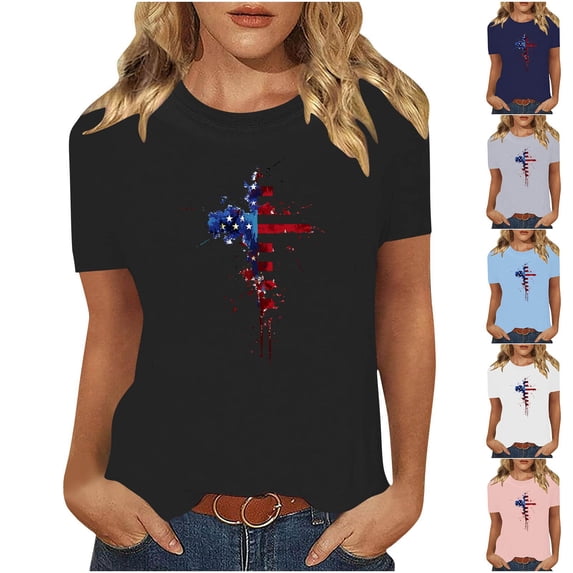 UVEASISHA Patriotic T Shirts for Women American Flag Cross Graphic Tee Short Sleeve Casual Tops Red White Blue Shirts Pink S
