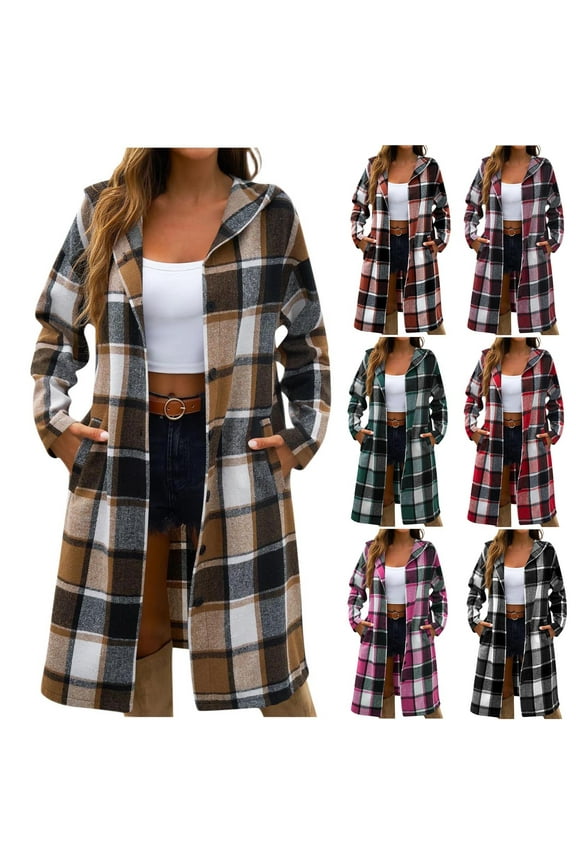 UVEASISHA Pea Coats for Women Long Plaid Shirt Jackets Fall Winter Hooded Trench Coat Casual Button Down Cardigan Outwear with Pockets Black XXL