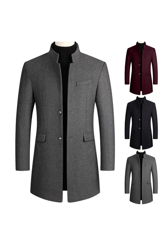 Peacoat for Men Big and Tall Single Breasted Stand Collar Long Trench Coats Winter Wool Blend Casual Overcoat Fashion Windproof Jackets with Pockets Wine XXL
