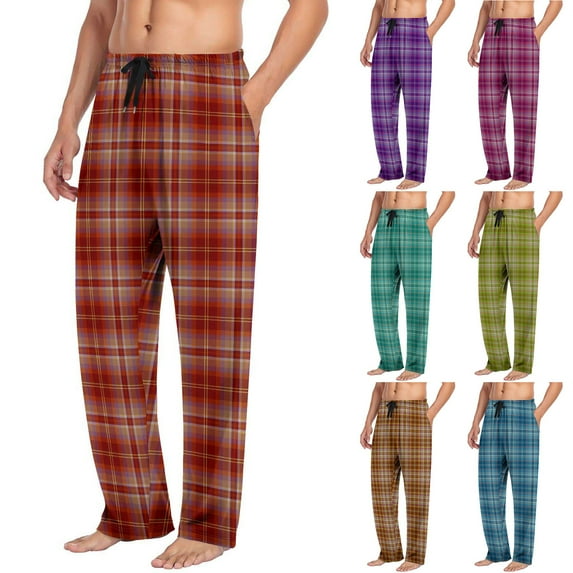 UVEASISHA Plaid Pajama Bottoms for Men Loose Fit Casual Straight Leg Trousers Stretch Drawstring Waist Sleep Pants Christmas Gifts Khaki L