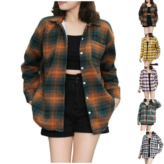 UVEASISHA Plaid Shacket for Women Fleece Lined Button Down Shirt Jackets Fall Winter Long Sleeve Lapel Blouses Lightweight Trendy Checkered Jacket with Pocket Yellow XL