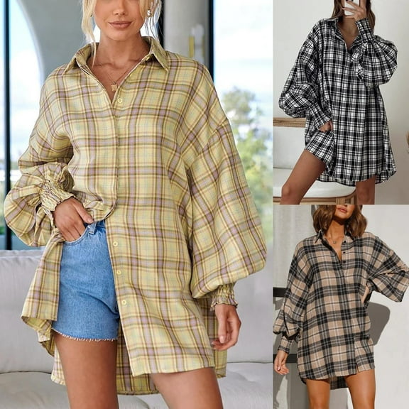 UVEASISHA Plaid Shirts for Women Lantern Long Sleeve Loose Shacket Casual Button Down Lapel Shirt Jackets with Pocket 2025 Fashion Fall Clothes Today Sales,Khaki,XL
