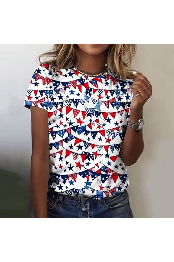 Plus Size 4th of July Shirts for Women Short Sleeve Patriotic USA Flag Print T-Shirt Independence Day Gifts Crew Neck Tops Multicolor L