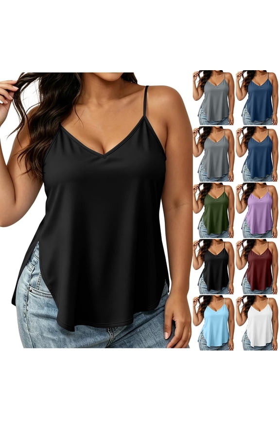 Plus Size Cami Tank Tops for Women V Neck Camisoles Spaghetti Strap Shirts Side Split Hem Summer Clothes Black XL