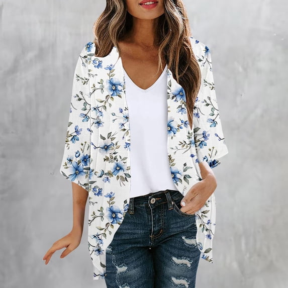 UVEASISHA Plus Size Chiffon Kimono Cardigan for Women Trendy Print Cardigan 3/4 Sleeve Boho Casual Beach Coverups Multicolor#13 XL