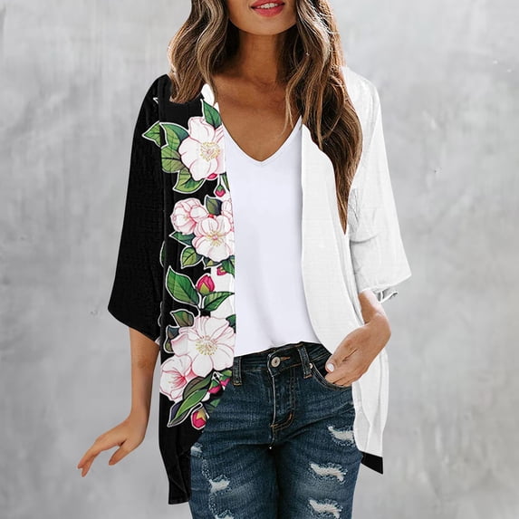 UVEASISHA Plus Size Chiffon Kimono Cardigan for Women Trendy Print Cardigan 3/4 Sleeve Boho Casual Beach Coverups Multicolor#4 S