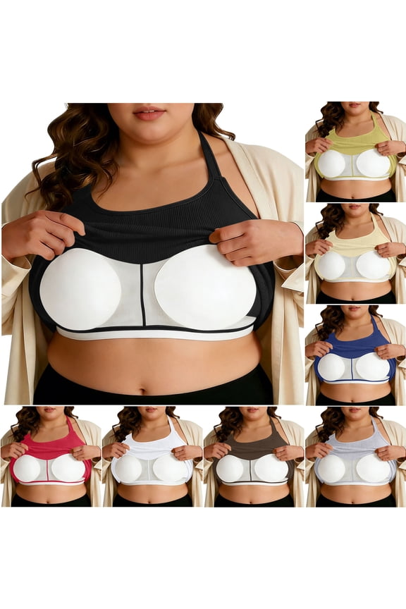 UVEASISHA Plus Size Crop Tops for Women Halter Ribbed Knit Tank Tops Stretchy Slim Fit Sleeveless Tops with Built in Bra Beige XL