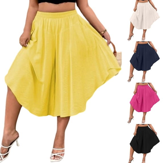UVEASISHA Plus Size Culottes for Women with Pockets Elastic Waist Wide Leg Cropped Skirt Pants Flowy Summer Casual Vacation Clothes Hot Pink XXL