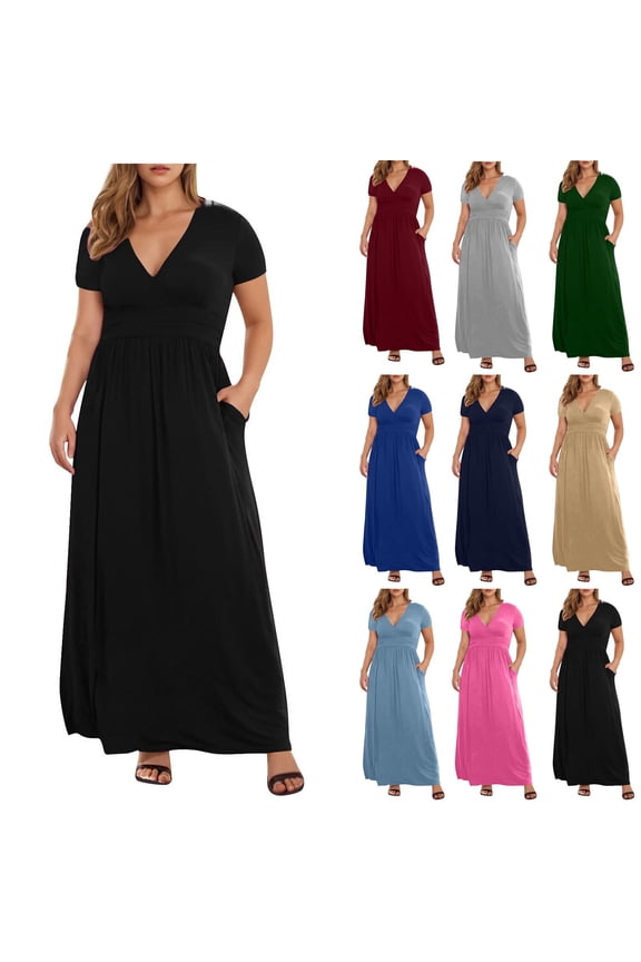 Plus Size Maxi Dress for Women Short Sleeve Solid V Neck Long Dress High Waisted Pleated A Line Dresses with Pockets Army Green XL
