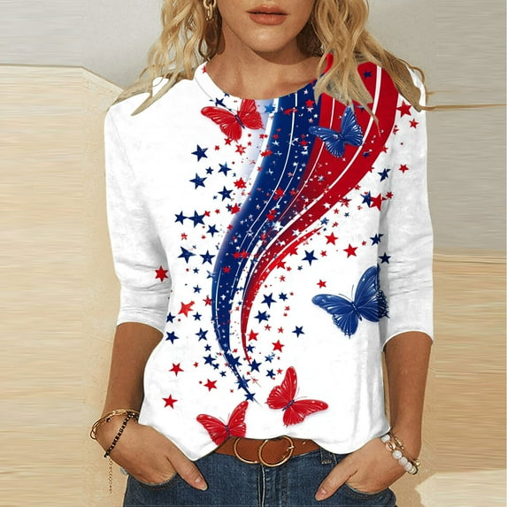 UVEASISHA Plus Size Patriotic Tops for Women 3/4 Sleeve Stars and Stripes Graphic Tee July 4th American Flag Shirt 2025 Independence Day Gift Multicolor XXXXL