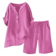 thumbnail image 1 of UVEASISHA Plus Size Sets for Women 2 Piece Cotton Linen Summer Casual Beach Outfits Short Sleeve Henley Shirt and Drawstring Shorts Set B-Pink M, 1 of 6
