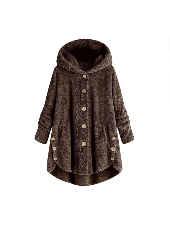 Plus Size Shearling Jacket for Women Casual Loose Soft Sherpa Pullover Hoodie Button Down Hooded Pajama Tops A-Brown L