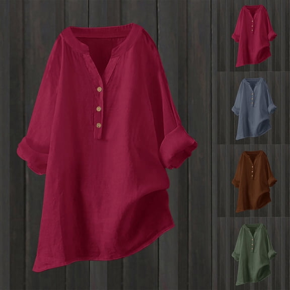UVEASISHA Plus Size Solid Tops for Women Long Sleeve Linen Henley Shirt Mid-Length Casual Pullover Blouse Army Green L