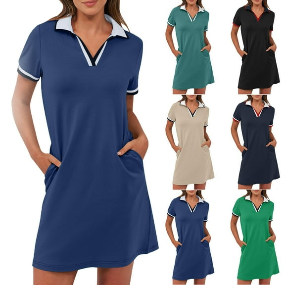 UVEASISHA Polos Dresses for Women Short Sleeve Collared V Neck Shirt Dress Summer Casual Golf Tennis Mini Dresses with Pockets Gray L
