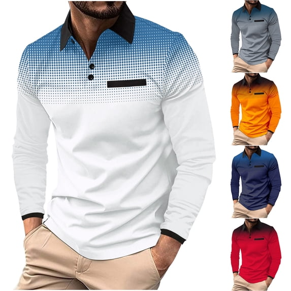 UVEASISHA Polos Shirts for Men Quick Dry Long Sleeve Eyelet Golf Shirts Stylish Gradient Button Work Shirts Moisture Wicking Performance Athletic Tennis Shirt with Pocket Sales Today,Gray,M