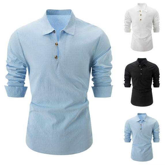 UVEASISHA Polos Shirts for Men Cotton Linen Casual Business Dress Shirts Long Sleeve Collared Regular Fit Golf Shirts Solid Color Button Up Work Shirts Todays Sales Today,Black,S