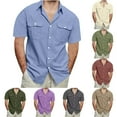 thumbnail image 1 of UVEASISHA Prime Sales Mens Hawaiian Linen Shirts Big and Tall Casual Short Sleeve Button Down Shirt Solid Color Regular Fit Beach Vacation Shirts with Pockets Purple 5XL, 1 of 9