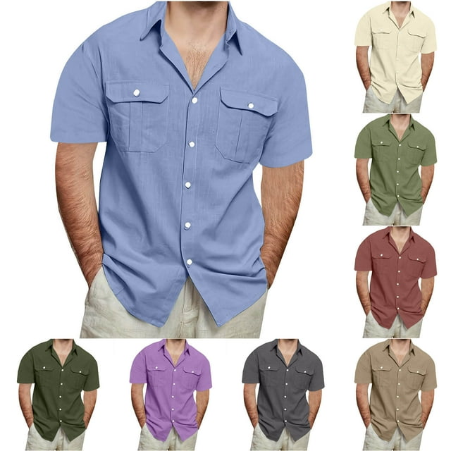 UVEASISHA Prime Sales Mens Hawaiian Linen Shirts Big and Tall Casual Short Sleeve Button Down Shirt Solid Color Regular Fit Beach Vacation Shirts with Pockets Purple 5XL