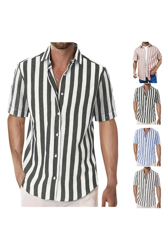 Prime Sales Striped Button Down Shirts for Men Short Sleeve Lapel Beach Shirt Lightweight Casual Loose Vacation Shirts 2025 Summer Hawaiian Shirt Sky Blue M