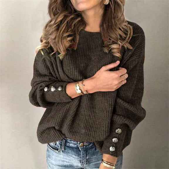 UVEASISHA Pullover Sweaters for Women Long Sleeve Knit Crew Neck Sweater Loose Casual Jumper Tops with Bottons Coffee XXXL