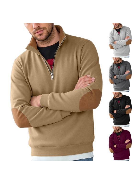 Quarter Zip Pullovers for Men Elbow Patch Long Sleeve Stand Up Collar T-Shirts Color Block Casual Polos Shirts Fall Winter Lightweight Sweat Shirt Gray S