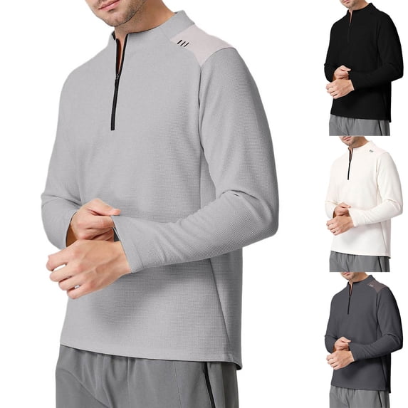 UVEASISHA Quarter Zip Workout Shirts for Men Waffle Knit Long Sleeve Hiking Shirt Stand Collar Casual Quick Dry T-Shirts Solid Color Pullover Tops Black 3XL