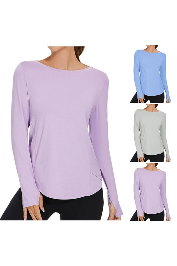 Quick Dry Workout Tops for Women Long Sleeve Fitness Training Shirts Fashion Solid Sun Protection Shirts with Thumb Hole Blue S