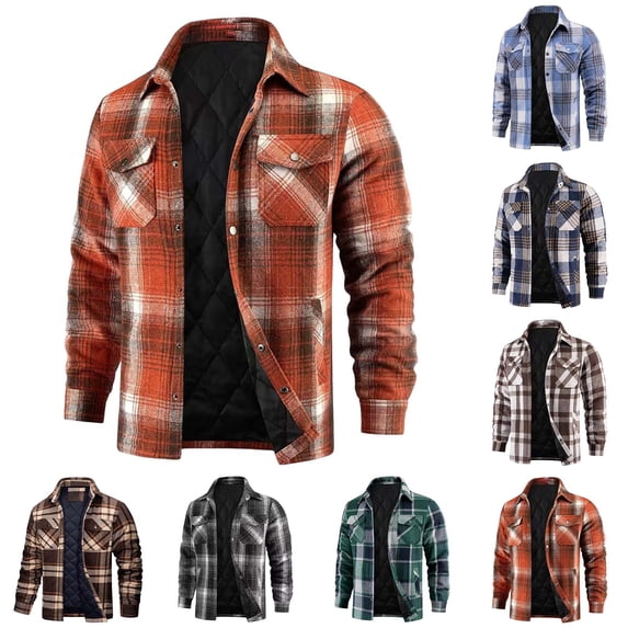 UVEASISHA Quilted Lined Flannel Jacket for Men Plaid Button Down Shirt Jackets Big and Tall Long Sleeve Lapel Winter Coats Warm Outerwear Navy 4XL